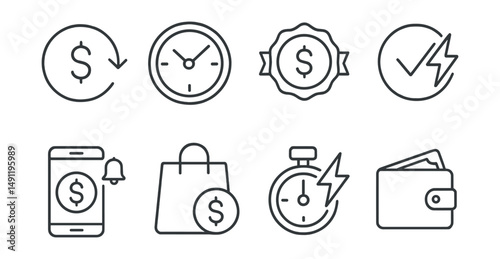 Line style icons of real-time cashback: instant refund icon, real-time cashback clock, fast-back badge, approved cashback flash, notification on earn-back, reward while shopping, flash cashback timer