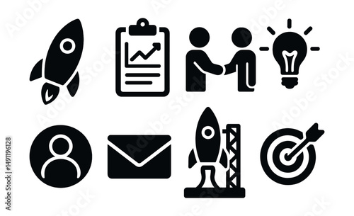 Solid style icons of launching a new venture: startup rocket, business plan, founder handshake, idea lightbulb, first client icon, mission brief, launchpad, go-to-market icon.