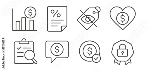 Line style icons of cashback transparency and ethics: clear reward chart, policy doc with percentage, no hidden rules tag, ethical cashback frame, audit icon, explain your cashback bubble, verified