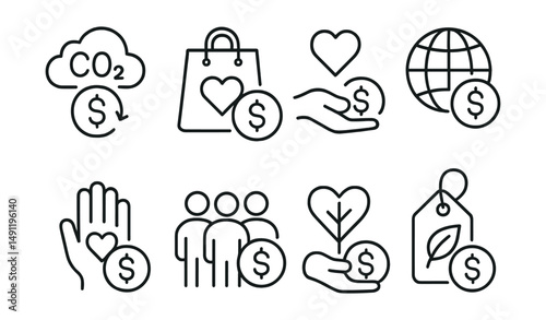 Line style icons of sustainable cashback systems: carbon-aware refund, ethical shopping bonus, cashback via donation route, social impact + refund icon, cashback that gives back, cashback and