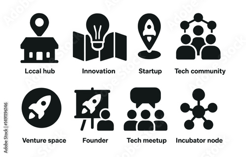Solid style icons of startup ecosystem: local hub icon, innovation map, startup city pin, tech community icon, venture space, founder event, tech meetup, incubator node.