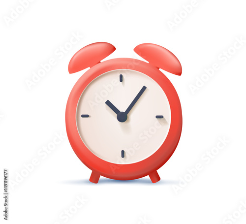 Red alarm clock 3D render vector illustration isolated on white background. Clock icon, time icon, watch symbol. Retro pointer clock modern emoji for website, banner or ad.