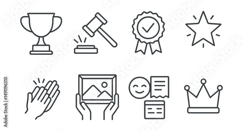 Line style icons of auction success and recognition: winner trophy icon, sold hammer strike, final bid victory badge, record-breaking price star, applause icon with item, smile + receipt icon,