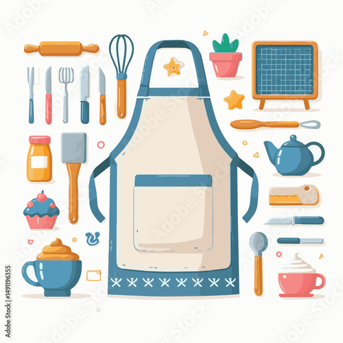 apron, illustration, chef, kitchen, uniform, isolated, restaurant, cook, cooking, vector, culinary, design, food, fabric, background, apparel, work, woman, white, waiter, black, clothing, clothes, ico