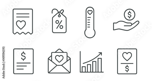 Line style icons of donation tracking from purchases: purchase receipt + heart, % of sale to charity icon, donation meter progress, amount donated symbol, sale record with impact, donation receipt