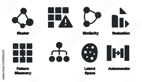 Solid style icons of unsupervised learning: cluster icon, anomaly detector, similarity map, dimensionality reduction, pattern discovery, grouping node, latent space, autoencoder module.