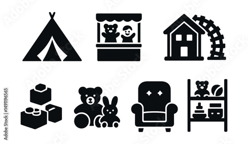 Solid style icons of indoor activities: play tent, puppet show, dollhouse icon, train tracks, building blocks, soft toys pile, storytime chair, toy shelf.