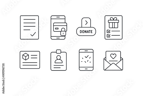 Line style icons of donor experience: simple pledge form, secure payment screen, donate and track button, reward selection checklist, shipping details card, backer ID badge, donation success screen,