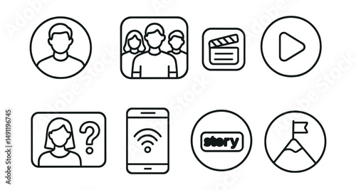 Line style icons of creator visibility: founder profile icon, team behind campaign card, behind-the-scenes photo, story highlight icon, creator Q&A video, live update symbol, story of origin tag,