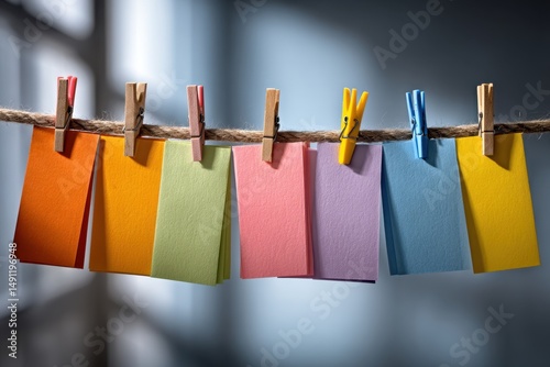 Colorful paper sheets hanging on a rope with clothespins, vibrant and creative display, notes and reminders, perfect for office and home organization.