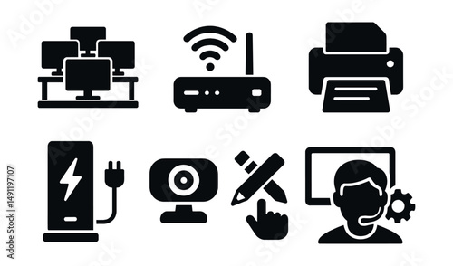 Solid style icons of school technology infrastructure: computer lab, Wi-Fi router, printer icon, smart screen, charging station, classroom camera, digital board tools, tech support.