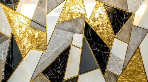Abstract Geometric Mosaic Design with Gold, Black, and White Tiles