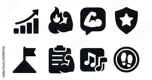 Solid style icons of fitness motivation: progress chart, workout streak icon, fitness quote bubble, challenge badge, goal milestone, workout plan, motivational playlist, daily step badge.