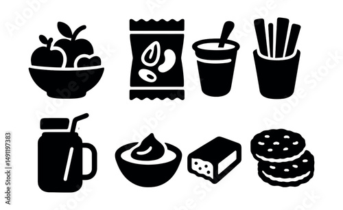 Solid style icons of healthy snack habits: fruit bowl, nut mix pack, yogurt cup, veggie sticks, smoothie jar, protein bar, hummus dip, rice cakes.