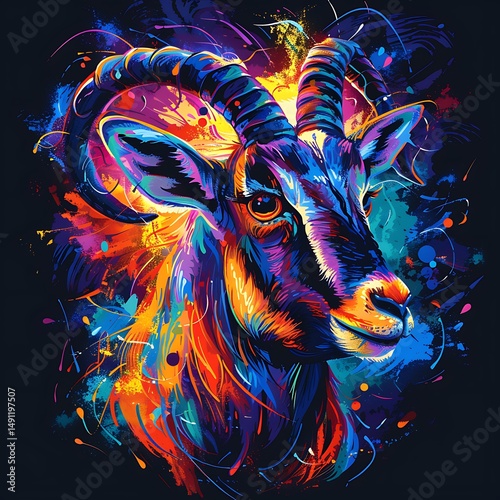 Vibrant colorful portrait of a goat-like animal