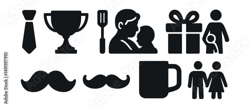 Solid style icons of Father’s Day: tie icon, trophy “Dad”, grill tool, father hug child, gift box, mustache icon, dad mug, family outing icon.