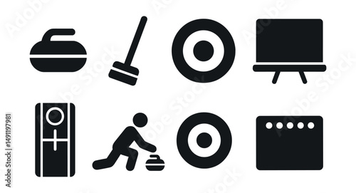 Solid style icons of curling match: curling stone, broom icon, house rings, team strategy board, ice surface, stone release, target circle, scoreboard icon.