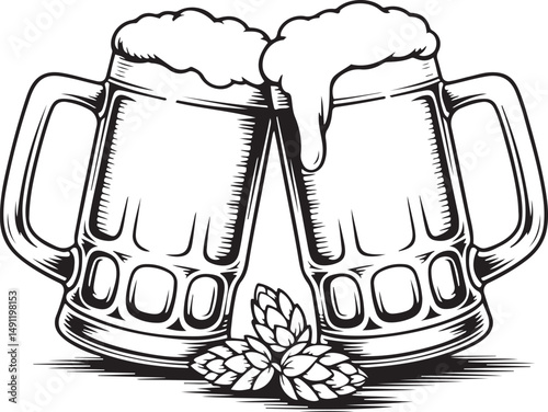 Two beer mugs toasting with hop cones, black and white vector art