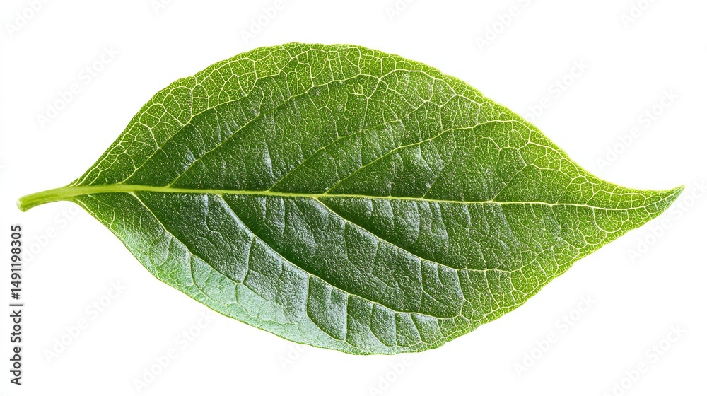 Fototapeta premium A vibrant, isolated green leaf is prominently displayed in the stock photo.