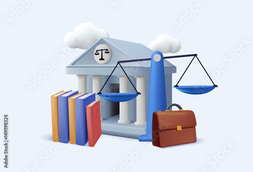Law and justice concept, Law firm and legal services. 3D render vector illustration. Public legal consultation, Lawyer, Legal aid, legal consultation in business. for ui, web design, landing page, web