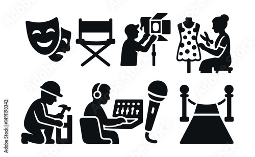 Solid style icons of entertainment industry jobs: actor mask, stage director chair, lighting technician, costume designer, set builder, sound engineer, TV host mic, red carpet icon.