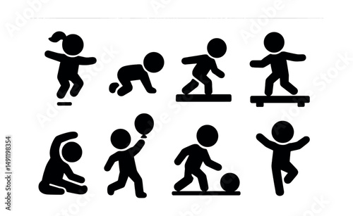 Solid style icons of physical play: hopping child, crawling race, balance beam, mini obstacle course, yoga stretch, balloon bop, soft ball roll, dance move.