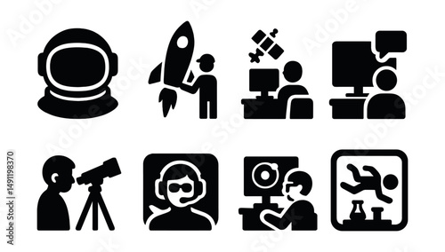 Solid style icons of space and aeronautics careers: astronaut helmet, rocket technician, satellite operator, mission control icon, space researcher, flight engineer, orbital scientist, zero-G lab.