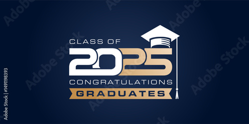 Class of 2025 graduation greetings in gold with college and high school graduation caps for t-shirts, flyers and greeting cards