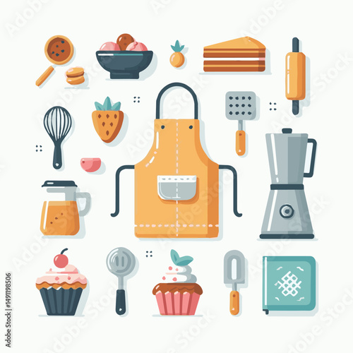 apron, illustration, chef, kitchen, uniform, isolated, restaurant, cook, cooking, vector, culinary, design, food, fabric, background, apparel, work, woman, white, waiter, black, clothing, clothes, ico