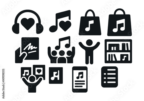 Solid style icons of music lovers and fans: heart over headphones, favorite track icon, fan merch bag, autograph page, standing ovation, music shelf, poster wall, playlist creator.