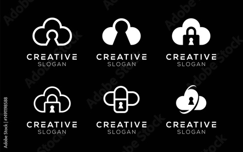 Set of Cloud Keyhole logo design templates. Modern isolated Cloud and Padlock symbols for security and technology
