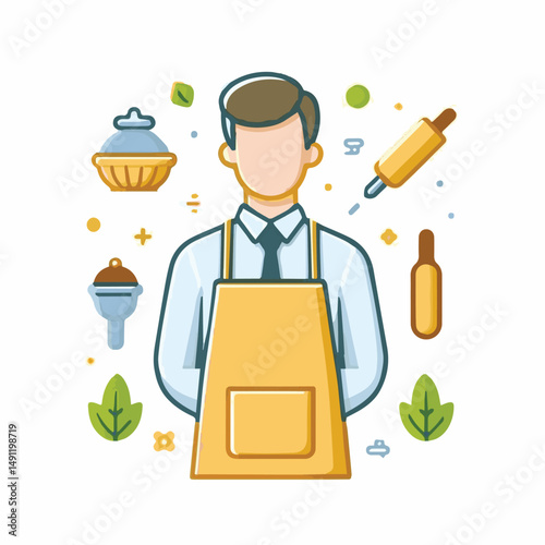 apron, illustration, chef, kitchen, uniform, isolated, restaurant, cook, cooking, vector, culinary, design, food, fabric, background, apparel, work, woman, white, waiter, black, clothing, clothes, ico