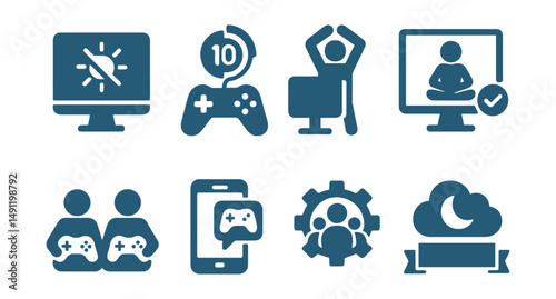 Solid style icons of healthy tech play: blue light filter, game break timer, screen and stretch, balanced screen time, co-play icon, social online game, family settings, tech and rest badge.