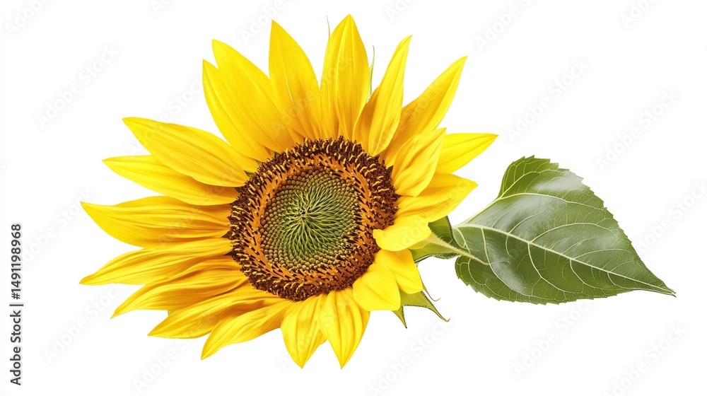 Fototapeta premium A vibrant, isolated sunflower with bright yellow petals dominates the image.