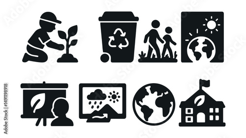 Solid style icons of environmental education: tree planting child, recycling bin, nature walk icon, climate poster, eco lesson board, water cycle diagram, Earth globe, green school.