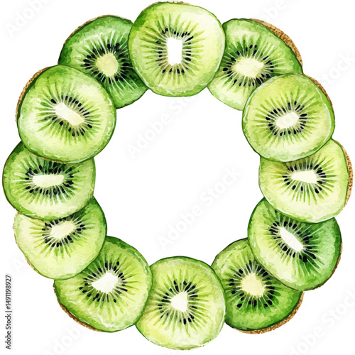 Kiwi Slices Arranged In A Circle, watercolor drawing vector, high quality, isolated on a white background.
