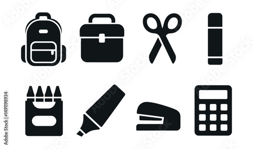 Solid style icons of school supplies: backpack, lunchbox, scissors, glue stick, crayons box, highlighter pen, stapler, calculator.
