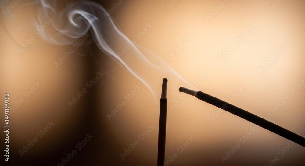 Fototapeta premium Aromatic ambiance captured through the wafting smoke of incense sticks creating a calming and serene atmosphere against a warm background.