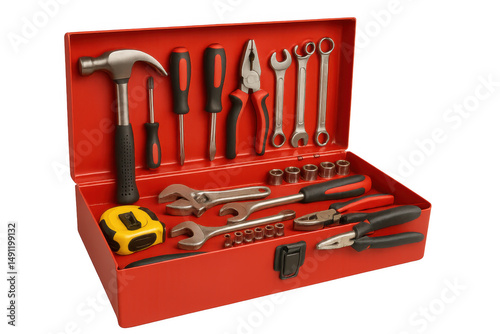 Red metal toolbox open showing hand tools, wrenches, hammer, pliers, screwdriver, and tape measure, isolated on transparent background