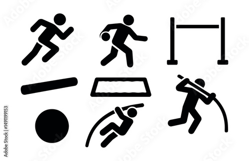 Solid style icons of track and field: sprinter icon, hurdle, discus throw, high jump bar, relay baton, long jump pit, pole vault, shot put ball.