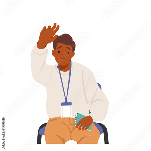 Boy student cartoon characters sitting with raised hand at career guidance seminar isolated on white