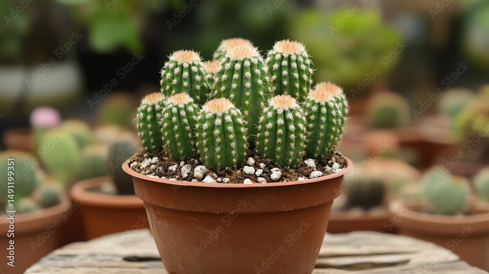 A solitary cactus sits in a terracotta pot. A solitary cactus sits in a terracotta pot.