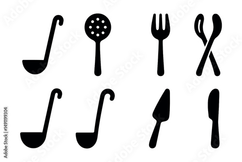 Solid style icons of serving tools: ladle, slotted spoon, serving fork, salad tongs, cake server, soup ladle, gravy spoon, butter spreader.