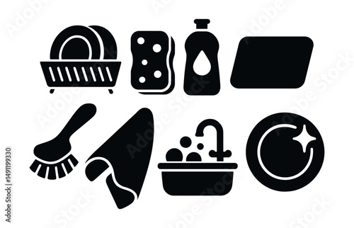 Solid style icons of dishwashing and care: dish rack, sponge, dish soap bottle, drying mat, scrub brush, dish towel, sink with bubbles, clean plate icon.