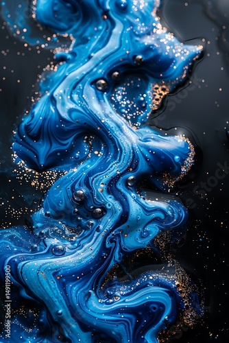 Abstract swirls of blue and gold paint
