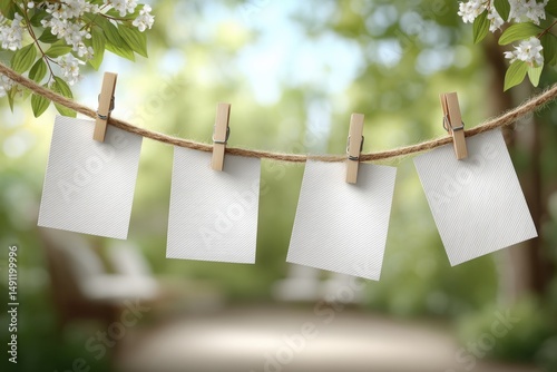 Four blank cards hanging on a rope with wooden clothespins in a blurry spring scenery, providing space to add your own text or image, idyllic and peaceful.