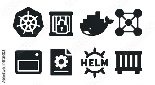Solid style icons of container infrastructure: Kubernetes pod, container registry, Docker icon, service mesh, cluster node, kubeconfig, helm chart, container runtime.