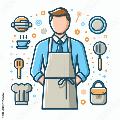 apron, illustration, chef, kitchen, uniform, isolated, restaurant, cook, cooking, vector, culinary, design, food, fabric, background, apparel, work, woman, white, waiter, black, clothing, clothes, ico