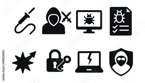 Solid style icons of penetration testing tools: test probe, red team icon, simulated attack, pen test report, vulnerability exploit icon, access attempt, breach simulation, ethical hacker badge.
