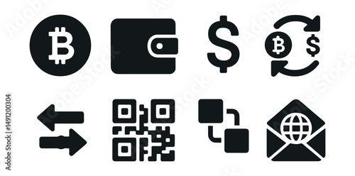 Solid style icons of digital currency basics: digital coin, crypto wallet, currency symbol, exchange rate, transaction icon, QR payment, blockchain ledger, wallet address.